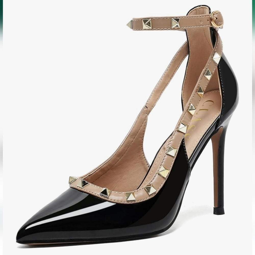 Women's Black Patent Leather Studded Pointed Toe Stilettos - NWOB